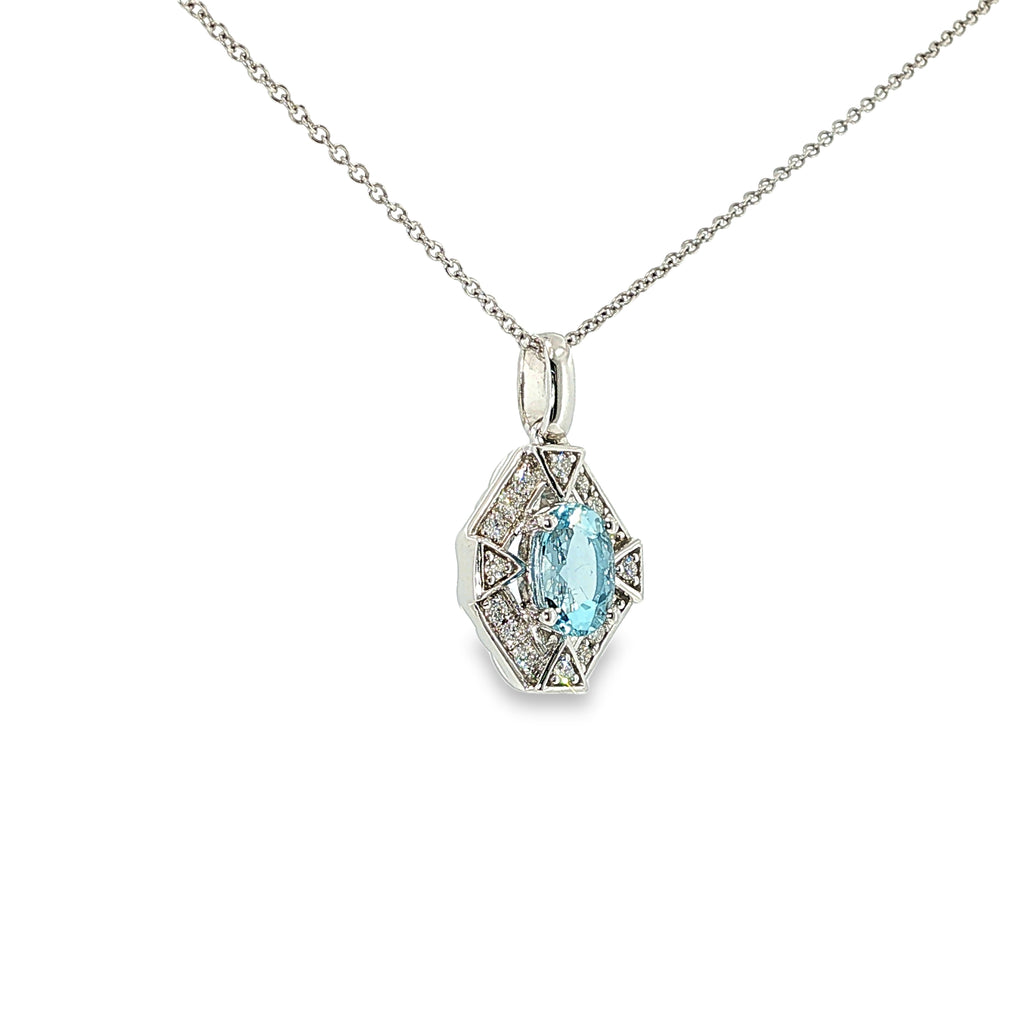 Oval aquamarine and diamond geometric pendant necklace in 14K white gold.