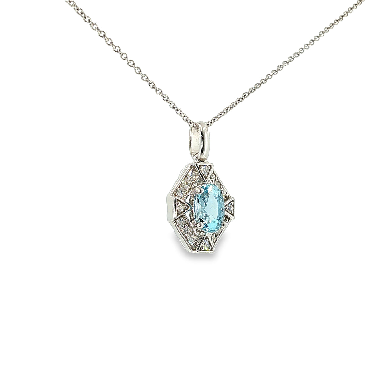 Oval aquamarine and diamond geometric pendant necklace in 14K white gold.