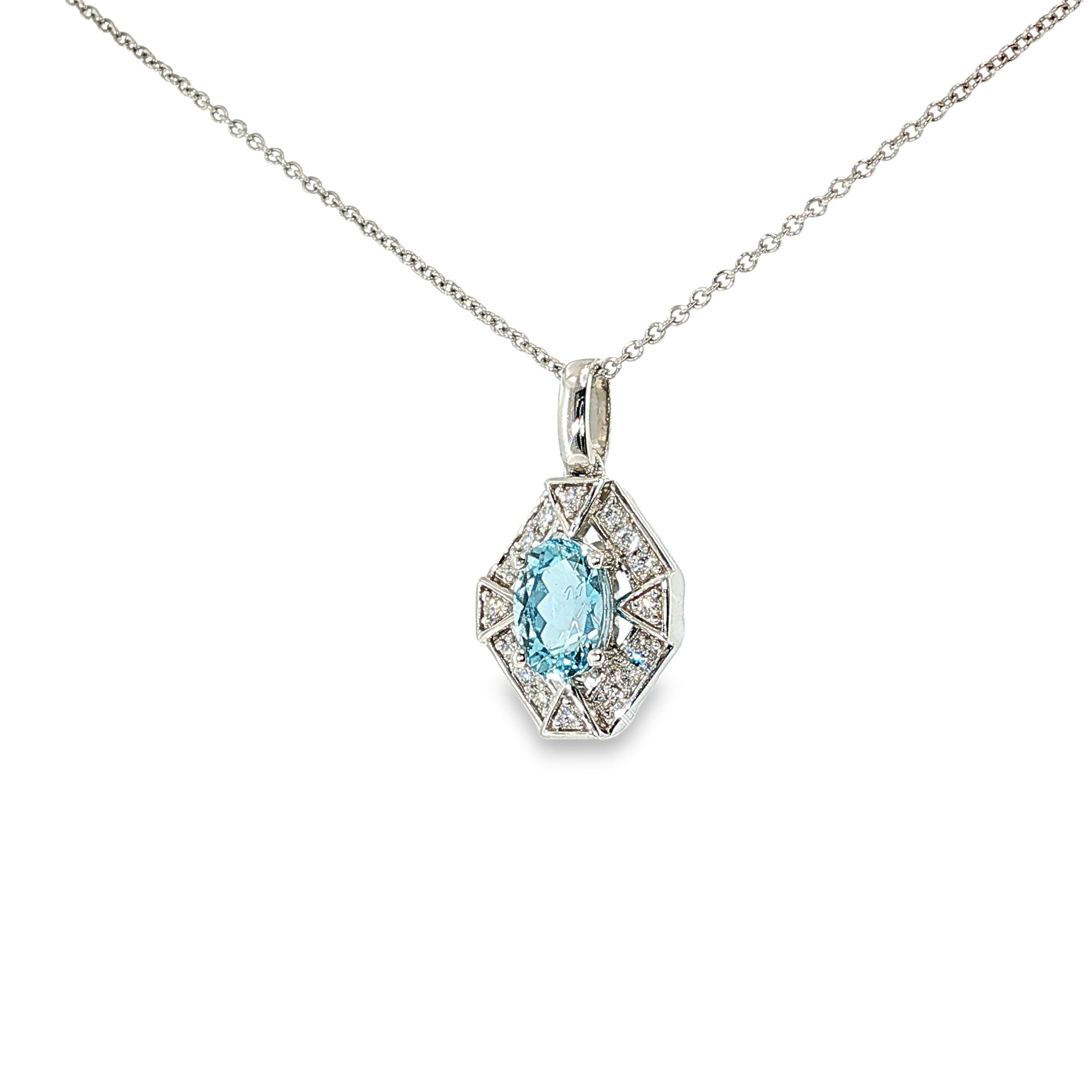 Oval aquamarine and diamond geometric pendant necklace in 14K white gold.