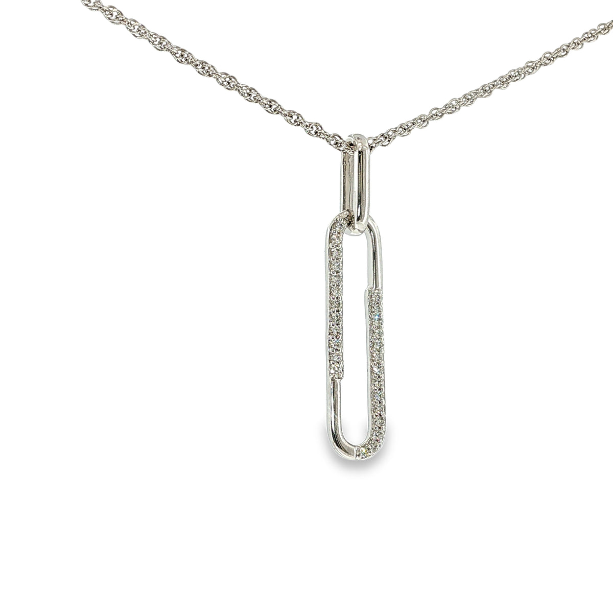 14K white gold open-link diamond pendant necklace with an 18-inch chain.