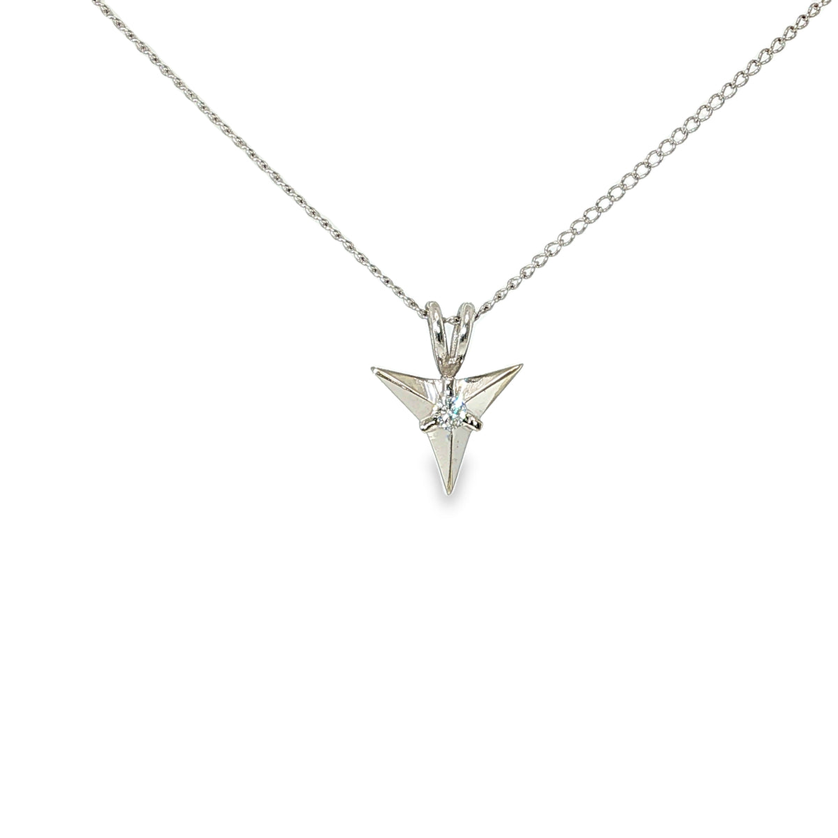 14K white gold geometric triangle pendant necklace with a round brilliant diamond on a fine 15-inch chain.