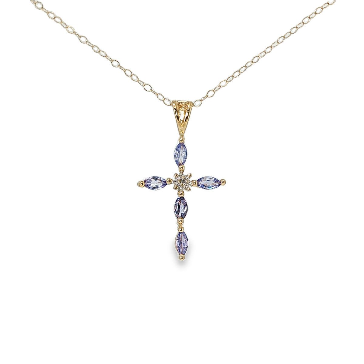 14K yellow gold cross necklace with five marquise tanzanites and a small center diamond on an 18-inch chain.