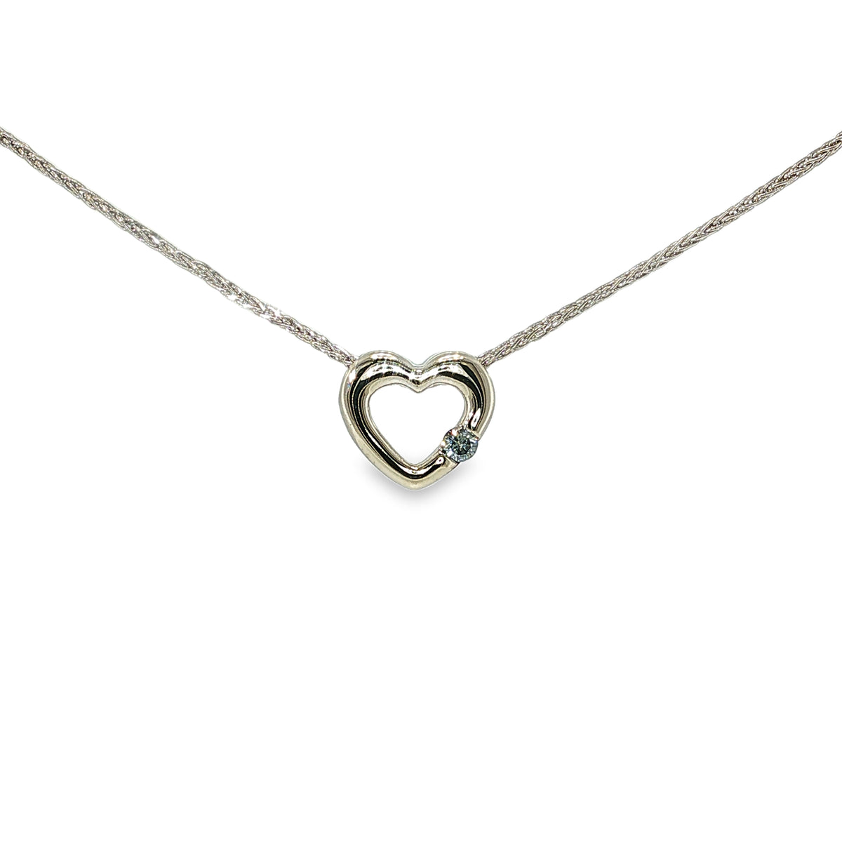 14K white gold open-heart necklace with a round brilliant diamond on a 16-inch wheat chain.