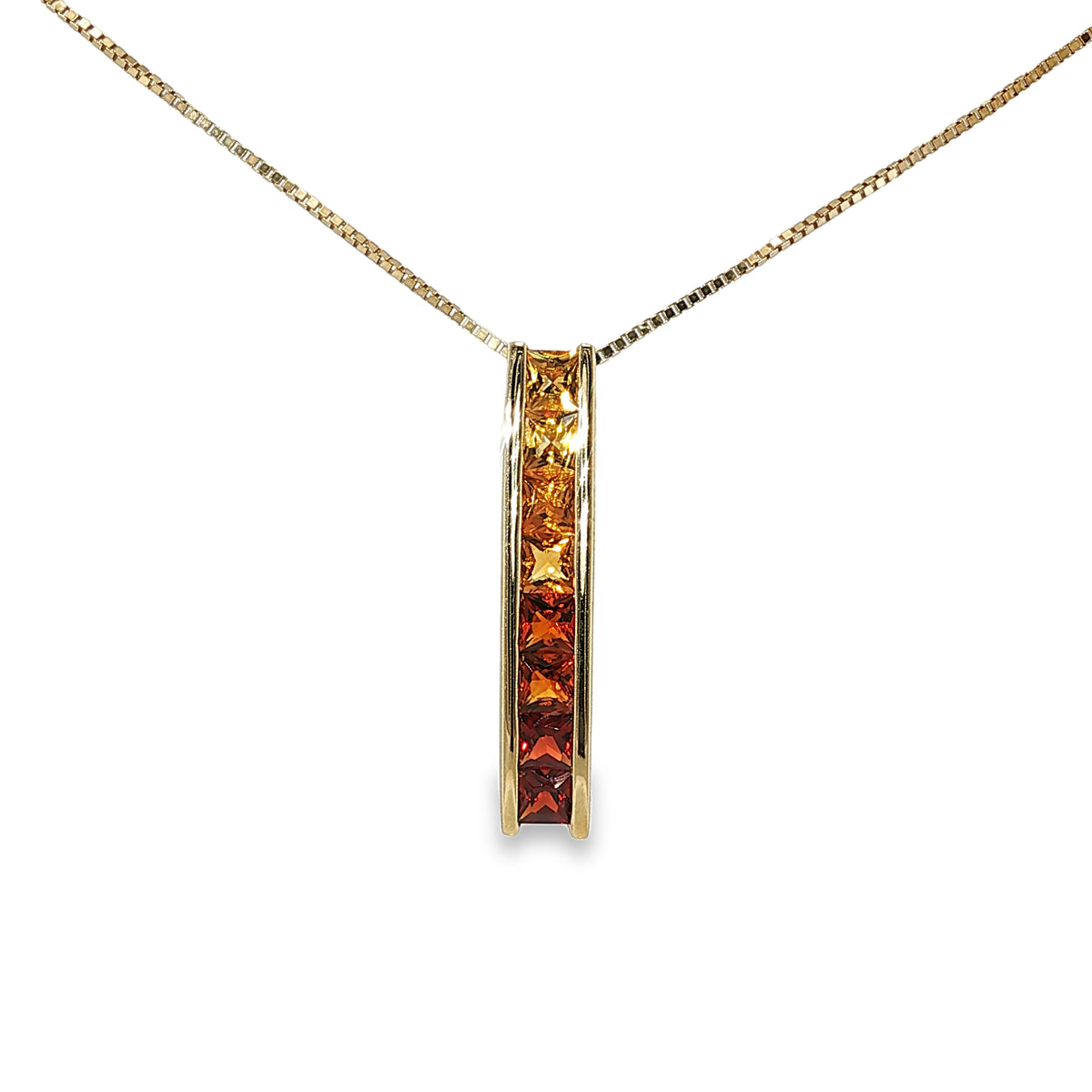 10K yellow gold vertical bar pendant necklace with princess-cut multi-color citrine gemstones on an 18-inch box chain.