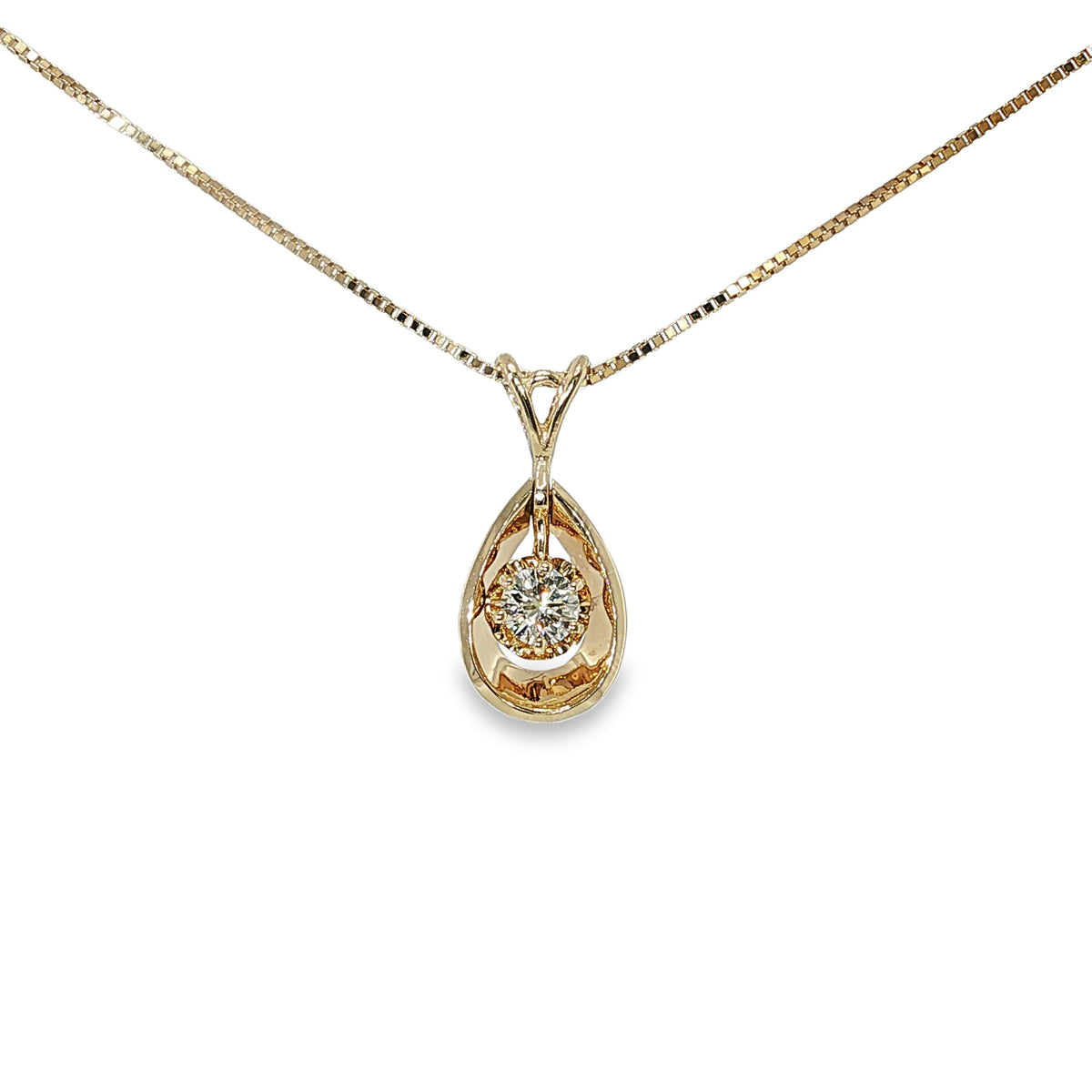 14K yellow gold open teardrop pendant with a round brilliant diamond suspended at the center.