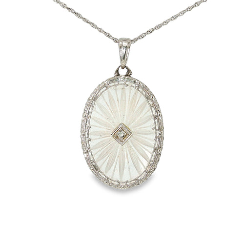 Vintage-style oval crystal pendant necklace with a centered old mine-cut diamond, filigree detailing, and 18-inch white gold rope chain.