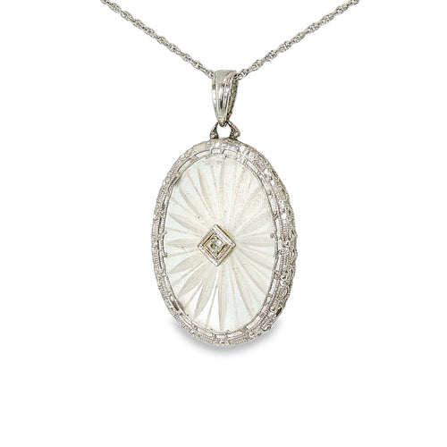 Vintage-style oval crystal pendant necklace with a centered old mine-cut diamond, filigree detailing, and 18-inch white gold rope chain.