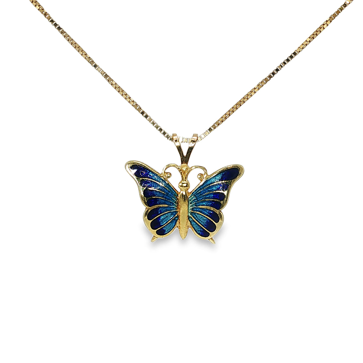 14K yellow gold butterfly pendant with vivid blue enamel detailing.