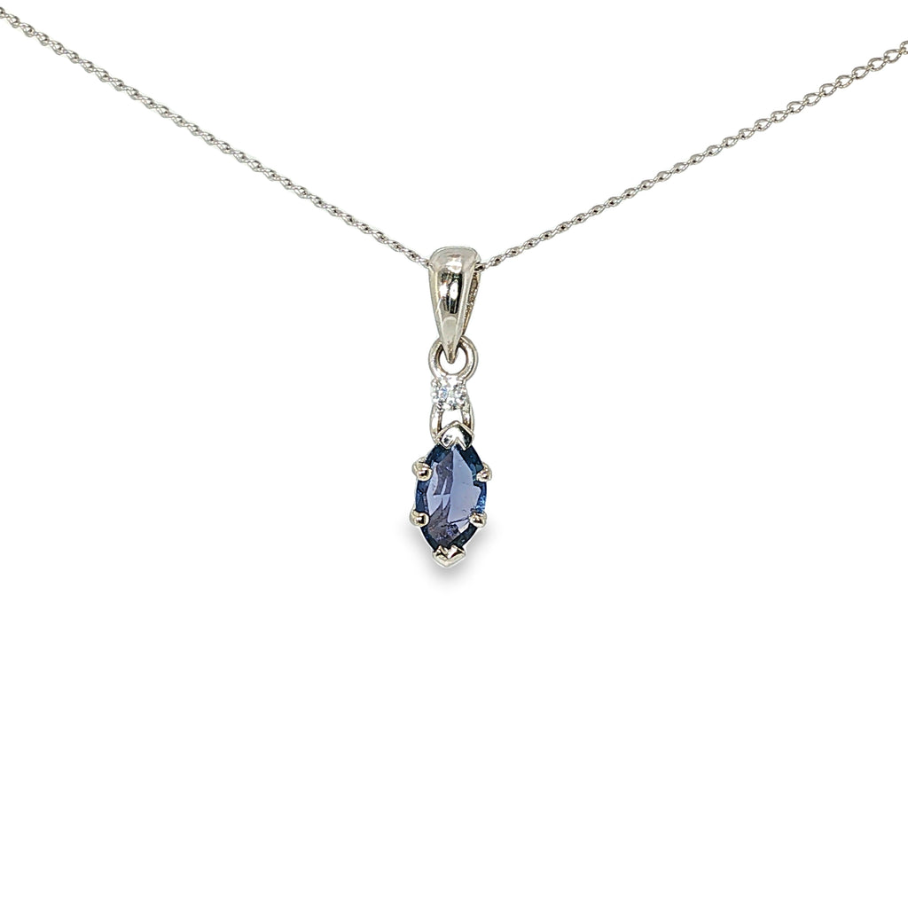 14K white gold pendant with a marquise Montana Yogo sapphire and single diamond accent.