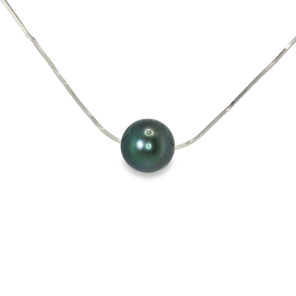 Tahitian pearl slide necklace with a 10.25 MM dark pearl on an 18-inch white gold square snake chain.
