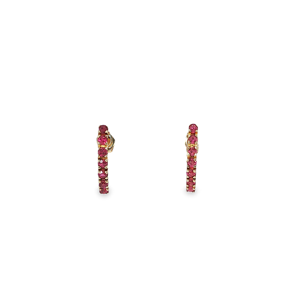 14K yellow gold line-style post earrings set with round red rubies.