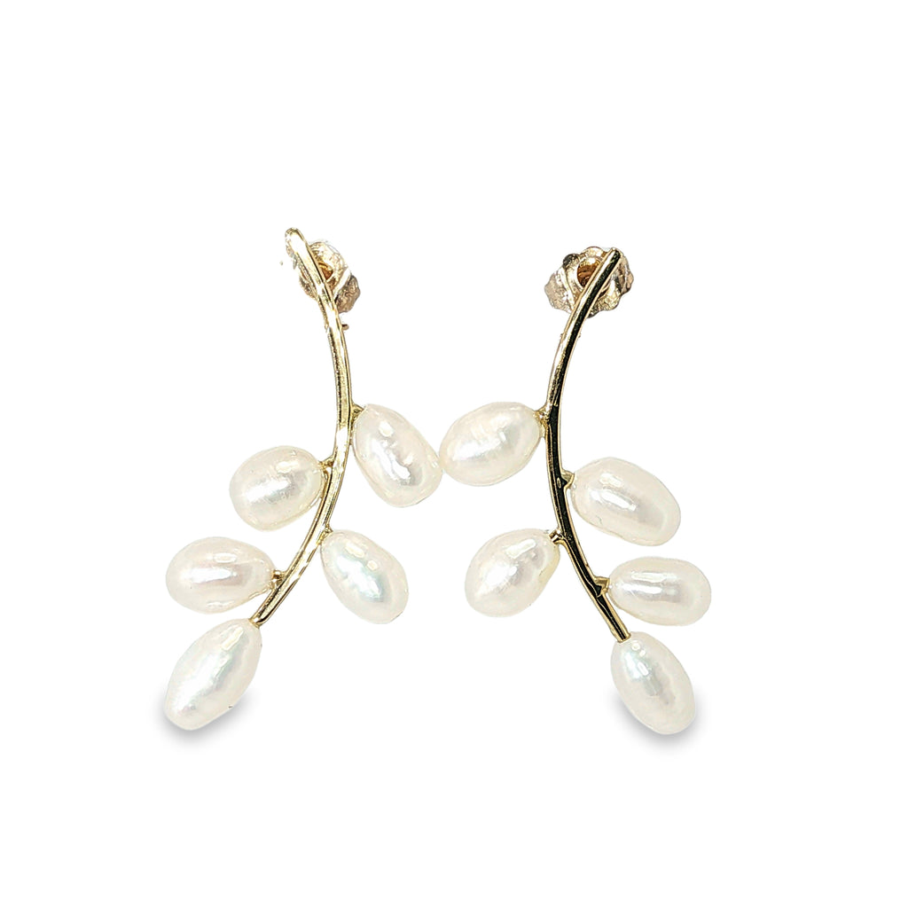 14K yellow gold branch-style drop earrings with 10 freshwater pearls.