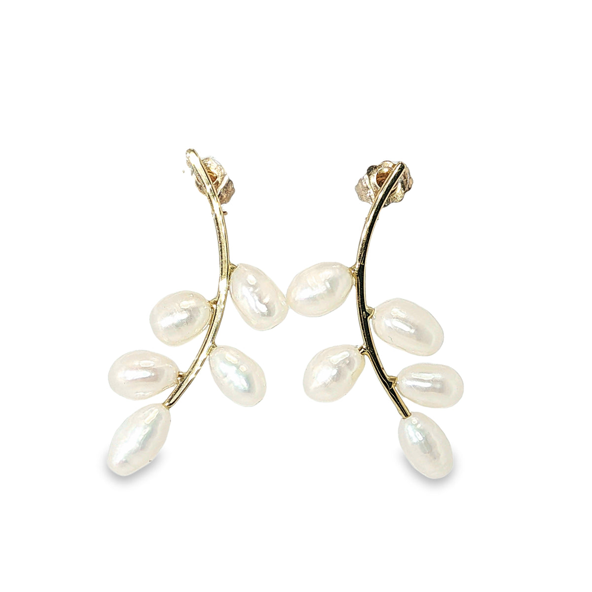14K yellow gold branch-style drop earrings with 10 freshwater pearls.