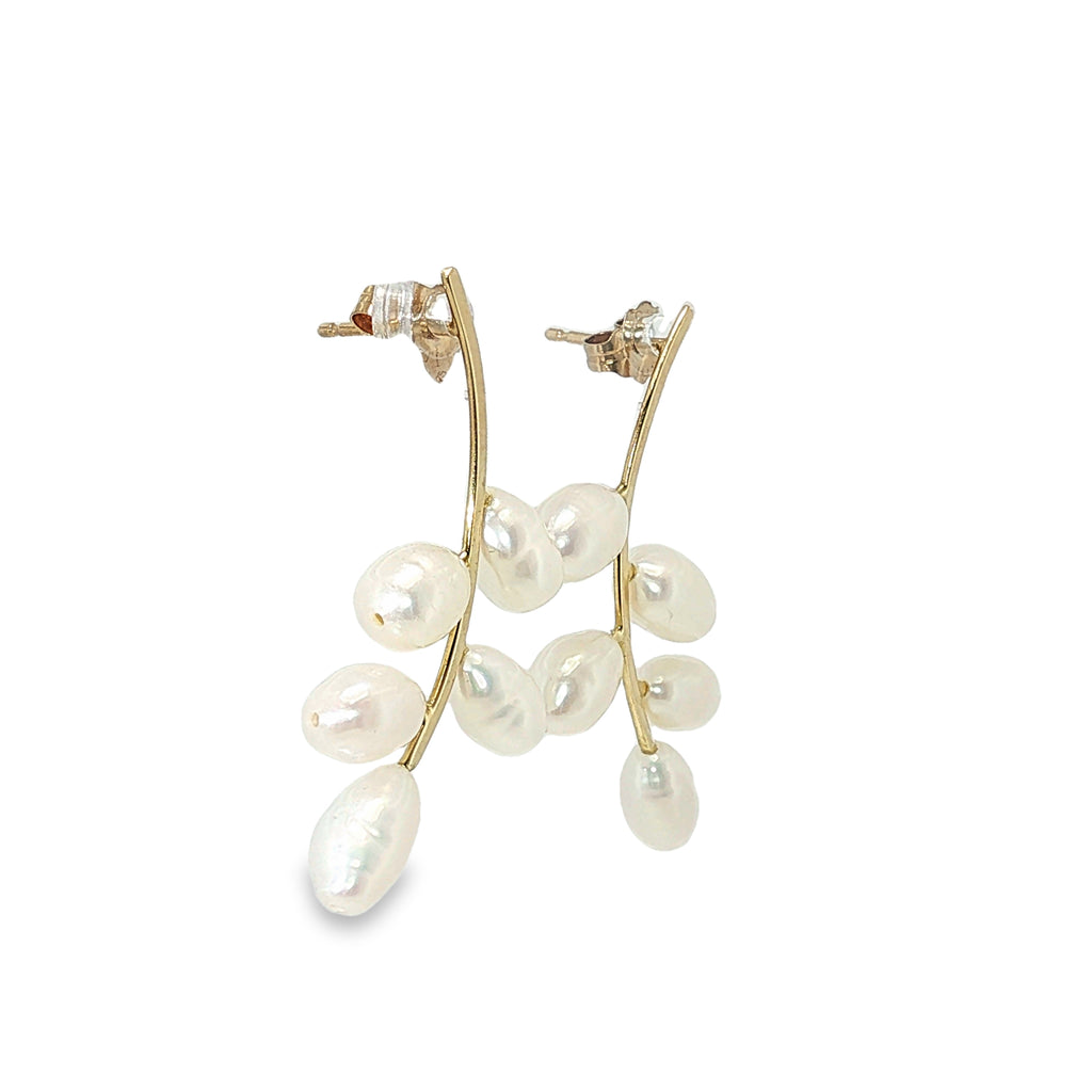14K yellow gold branch-style drop earrings with 10 freshwater pearls.