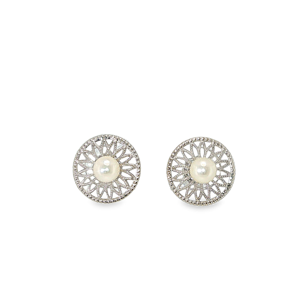 14K white gold vintage-style filigree stud earrings with round cultured pearls.