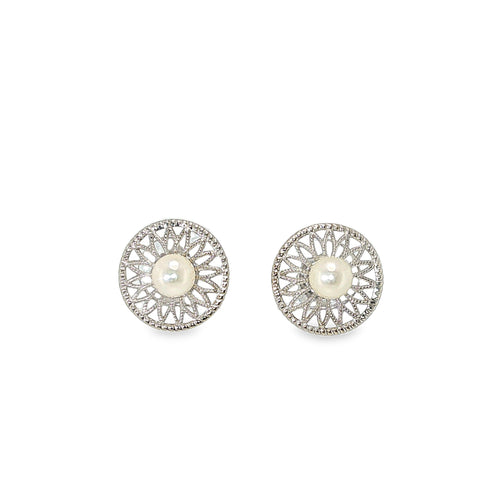 14K white gold vintage-style filigree stud earrings with round cultured pearls.