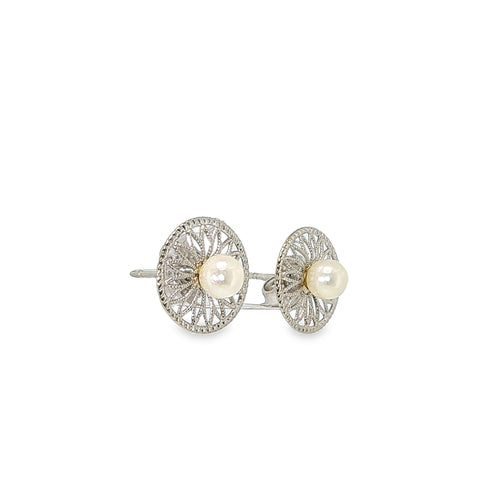 14K white gold vintage-style filigree stud earrings with round cultured pearls.