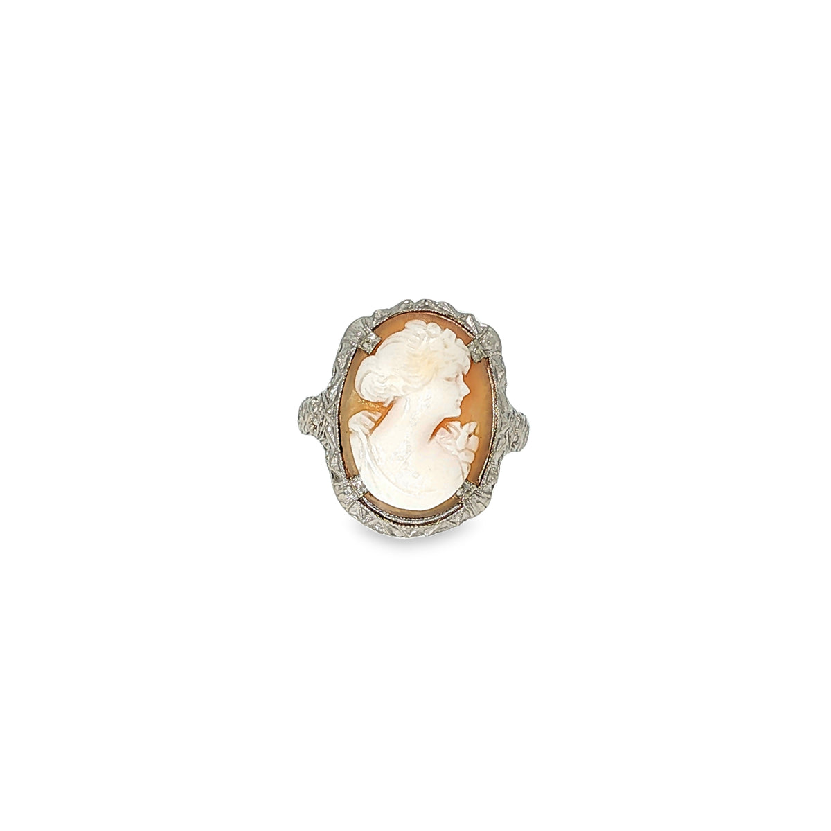 10K white gold vintage-style filigree ring with an oval carved shell cameo portrait.