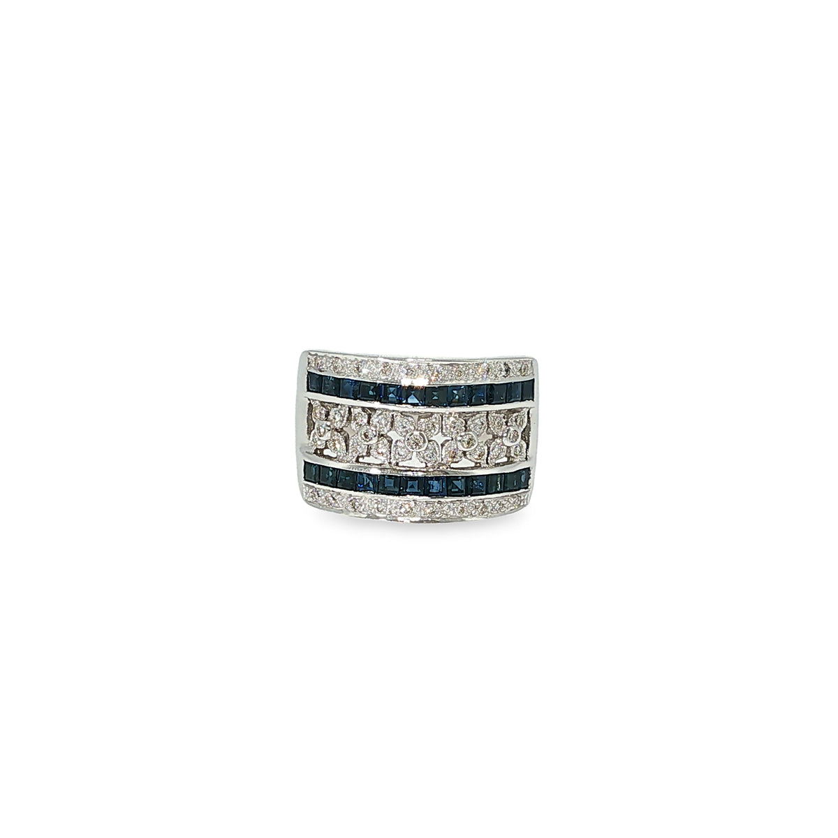 Le Vian wide band ring with rows of square blue sapphires, round diamonds, and floral detailing in 18K white gold.