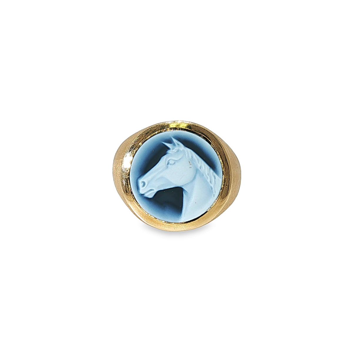 14K yellow gold ring with a round blue and white carved Wedgwood horsehead cameo.