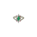 14K white gold geometric ring with a diamond-shaped lab-grown emerald and four small ruby accents.