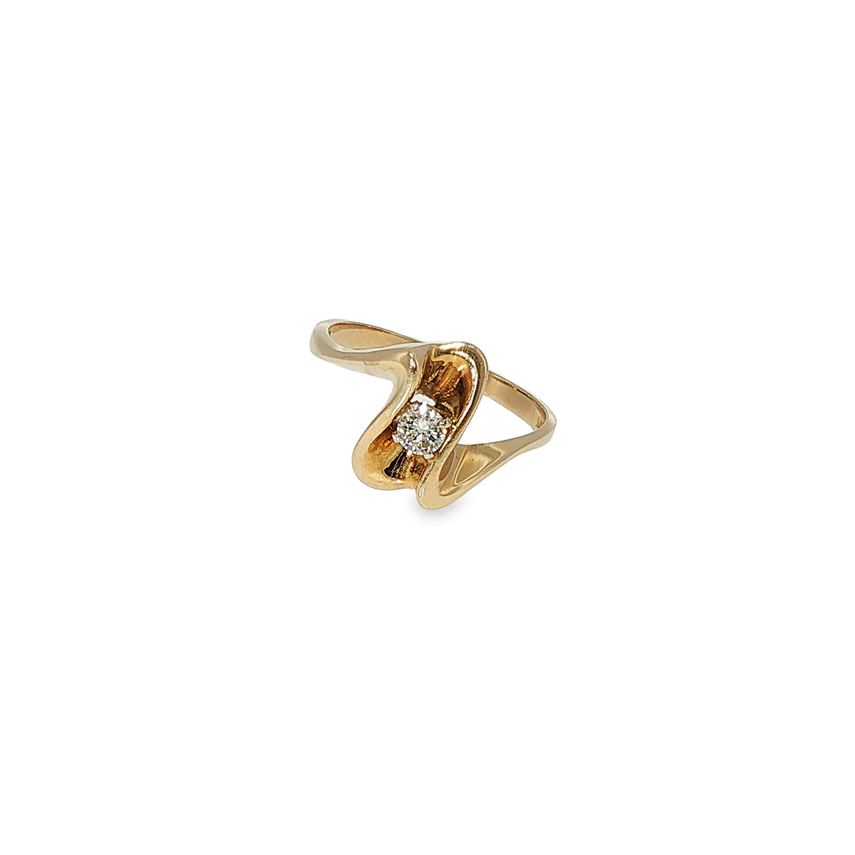 14K yellow gold freeform ring with a single round brilliant diamond in a sculptural asymmetrical design.