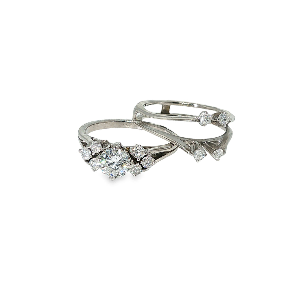 14K white gold diamond engagement ring with a seven-stone design and coordinating four-stone unsoldered drop-in guard.