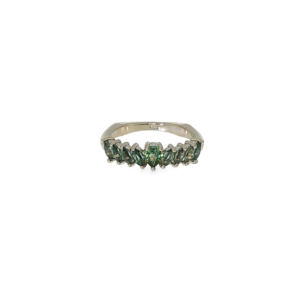 14K white gold graduated band set with nine green Montana sapphires in mixed shapes.