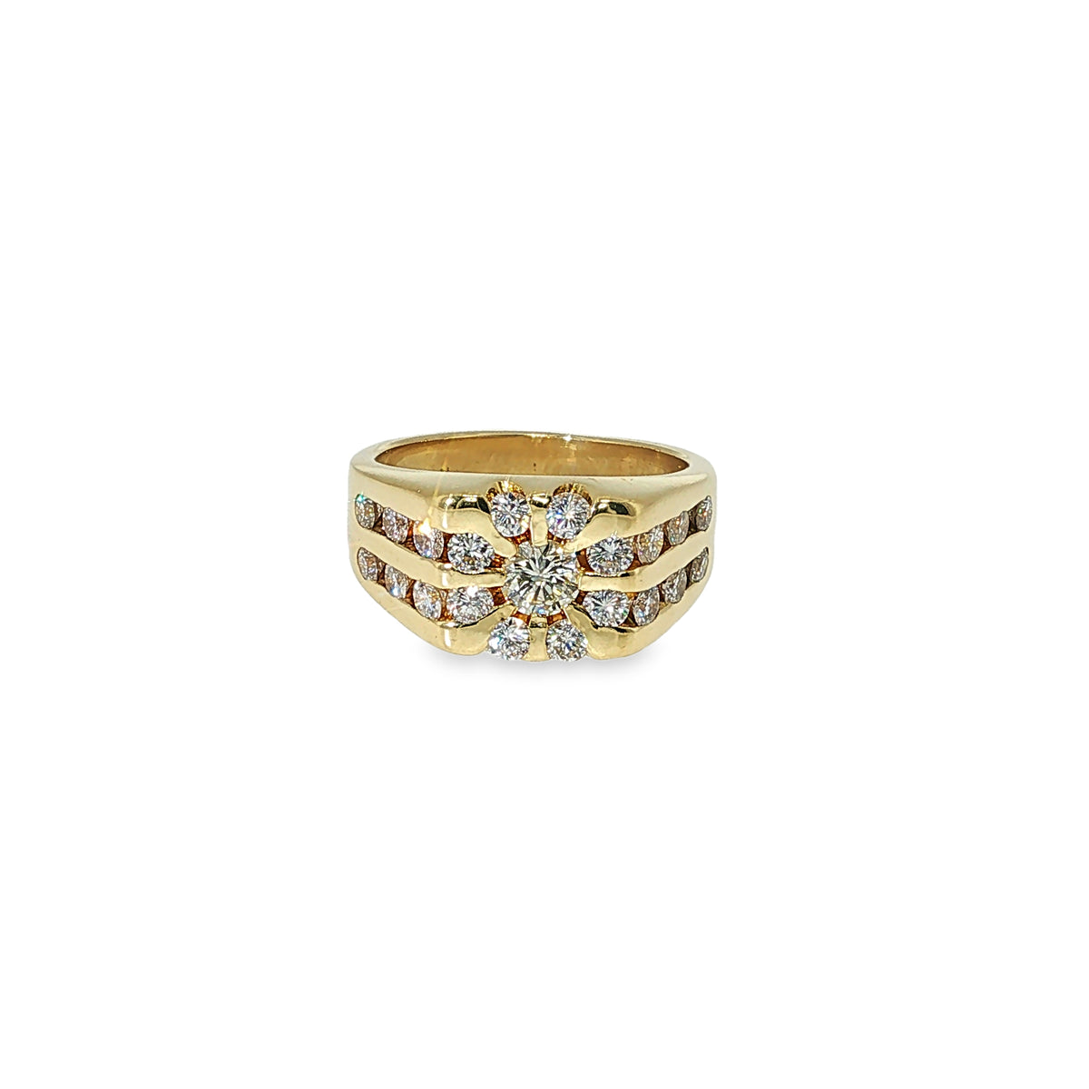 18K yellow gold multi-row band with 21 round brilliant diamonds in a channel-set design.