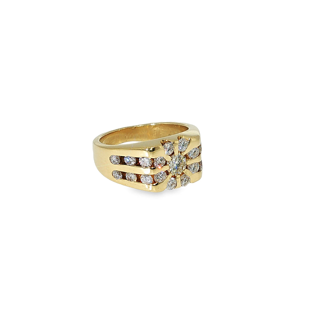 18K yellow gold multi-row band with 21 round brilliant diamonds in a channel-set design.