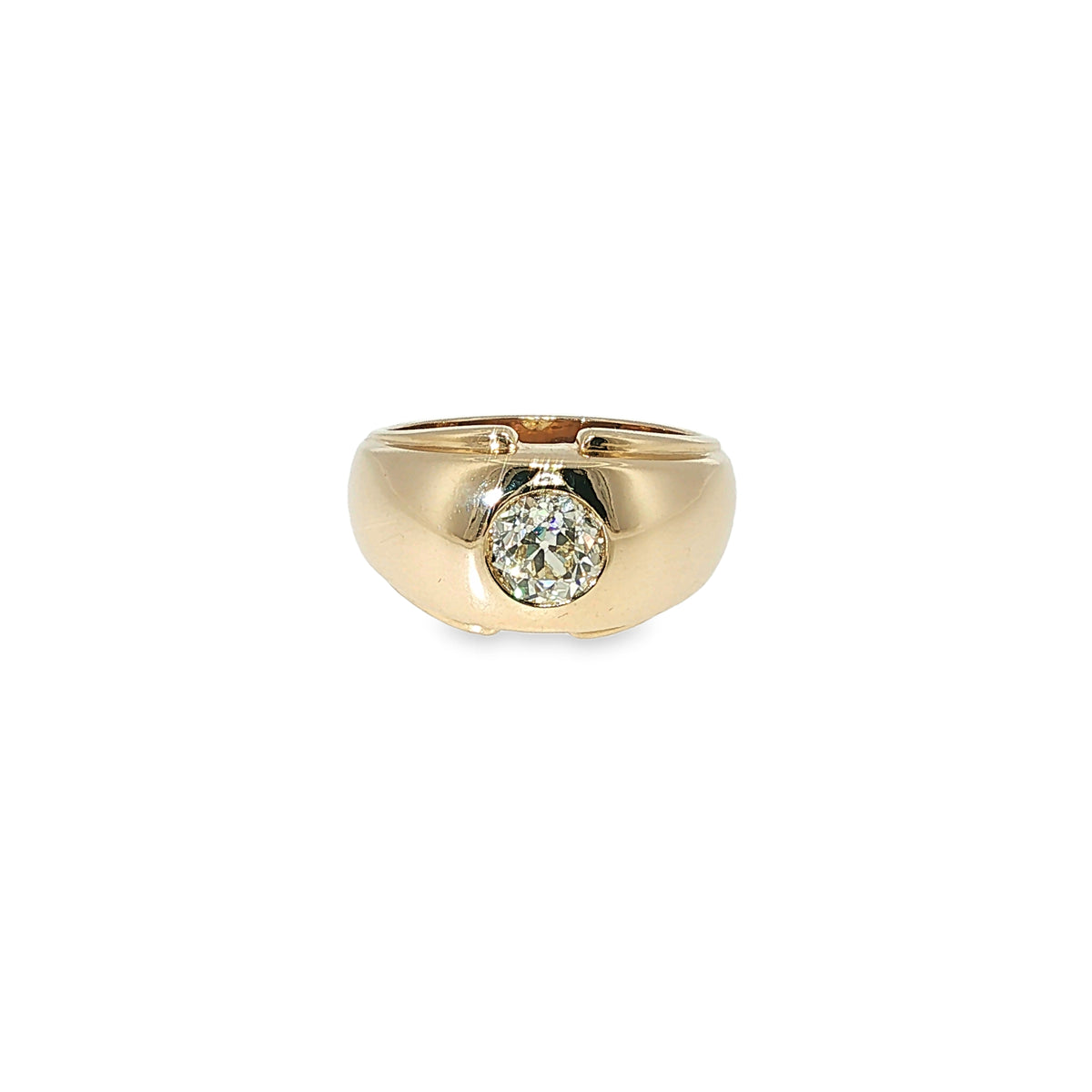 14K yellow gold domed ring with a 1.30 carat old European-cut diamond set at the center.