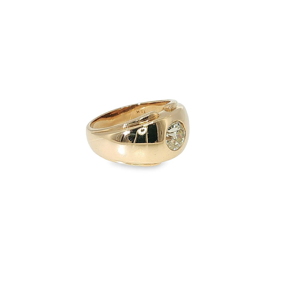 14K yellow gold domed ring with a 1.30 carat old European-cut diamond set at the center.