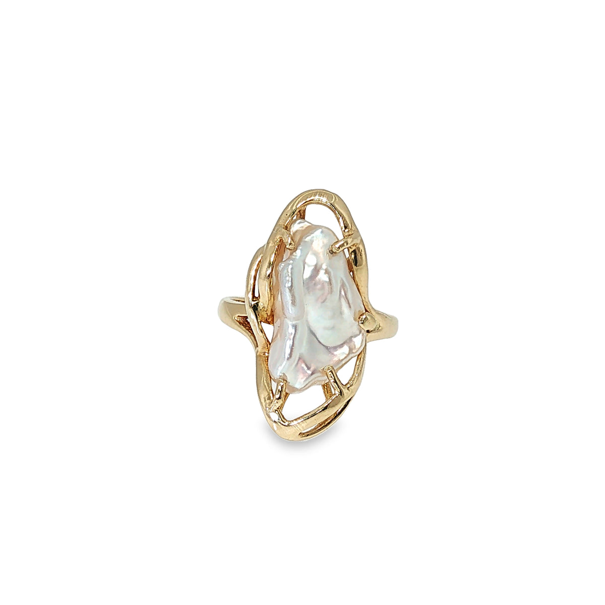 14K yellow gold freeform ring with an elongated freshwater baroque pearl in a sculptural openwork setting.