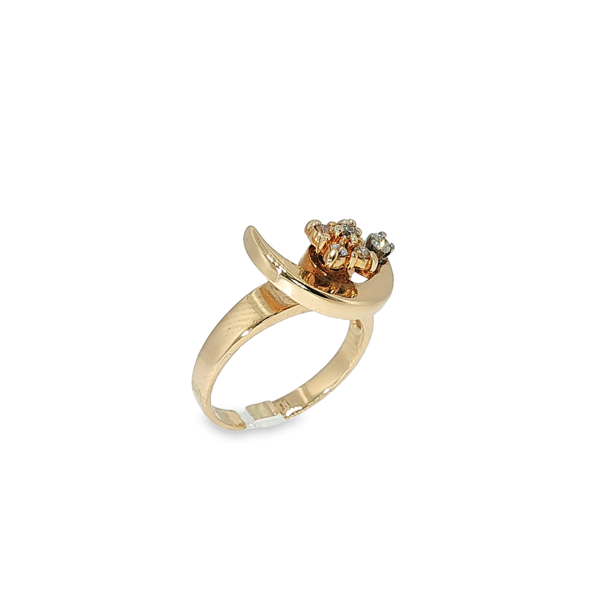 14K yellow gold diamond crescent moon ring with a swiveling moon design and round brilliant diamond accents.