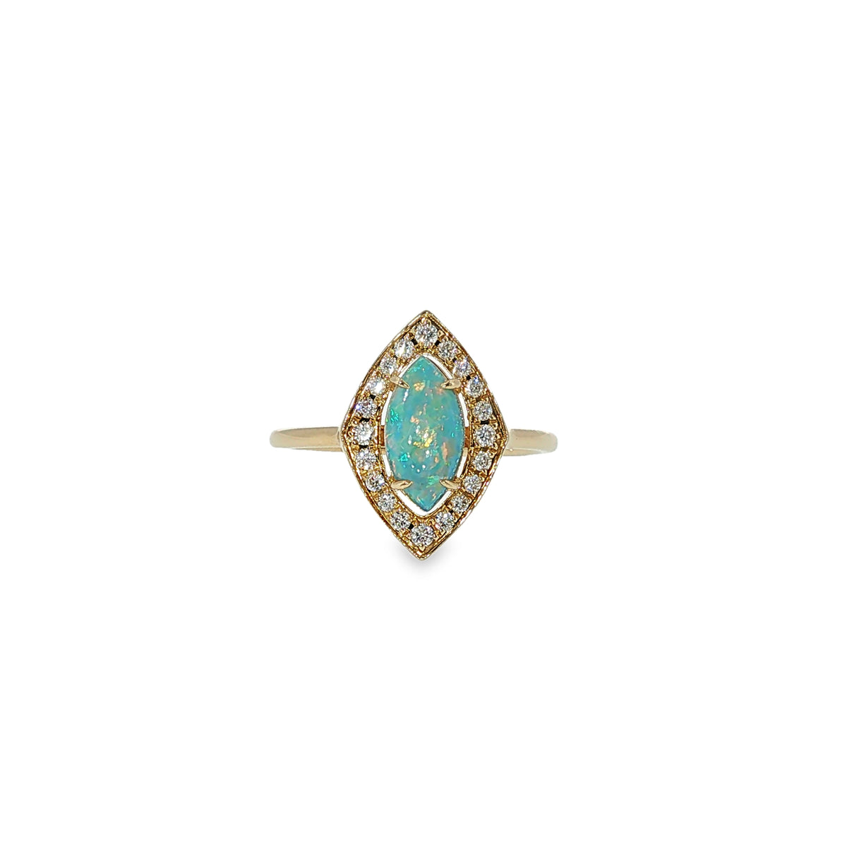 14K yellow gold ring with a marquise AAA opal surrounded by a diamond halo.