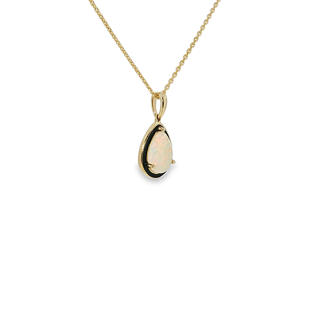 14K yellow gold pendant with a pear-shaped AAA Australian opal.