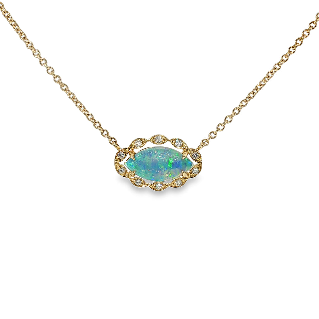 14K yellow gold necklace with a marquise Australian opal framed by diamond accents on an 18-inch chain.