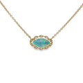 14K yellow gold necklace with a marquise Australian opal framed by diamond accents on an 18-inch chain.