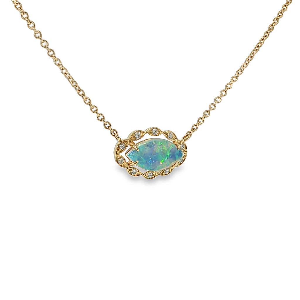 14K yellow gold necklace with a marquise Australian opal framed by diamond accents on an 18-inch chain.