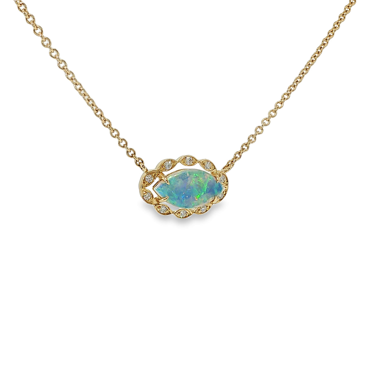 14K yellow gold necklace with a marquise Australian opal framed by diamond accents on an 18-inch chain.