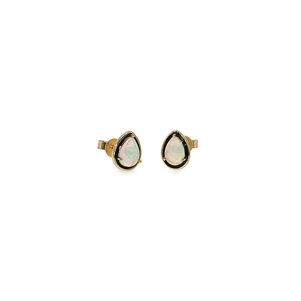 14K yellow gold stud earrings with two pear-shaped Australian opals.