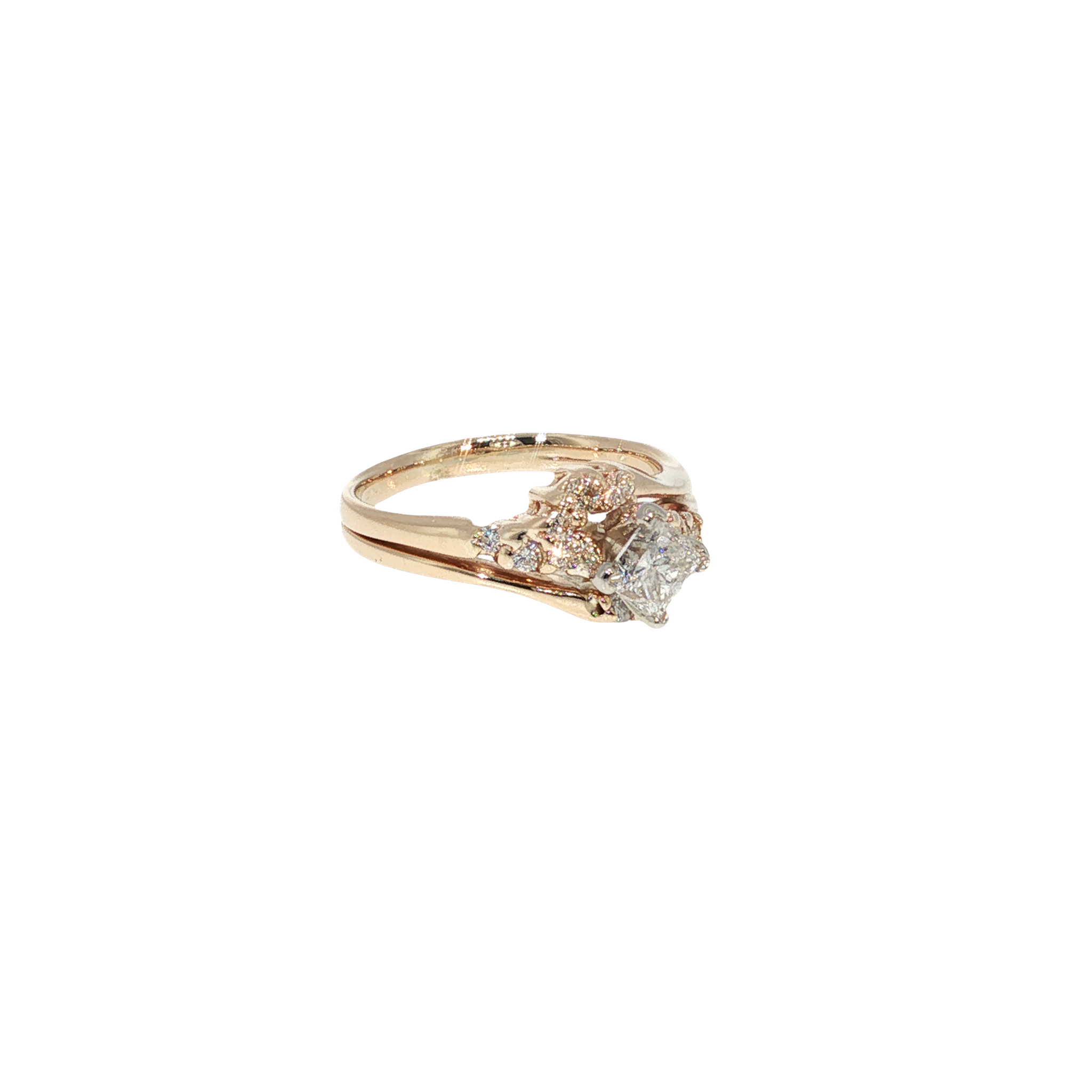 14K yellow gold soldered wedding set with a princess-cut center diamond and round brilliant diamond accents.