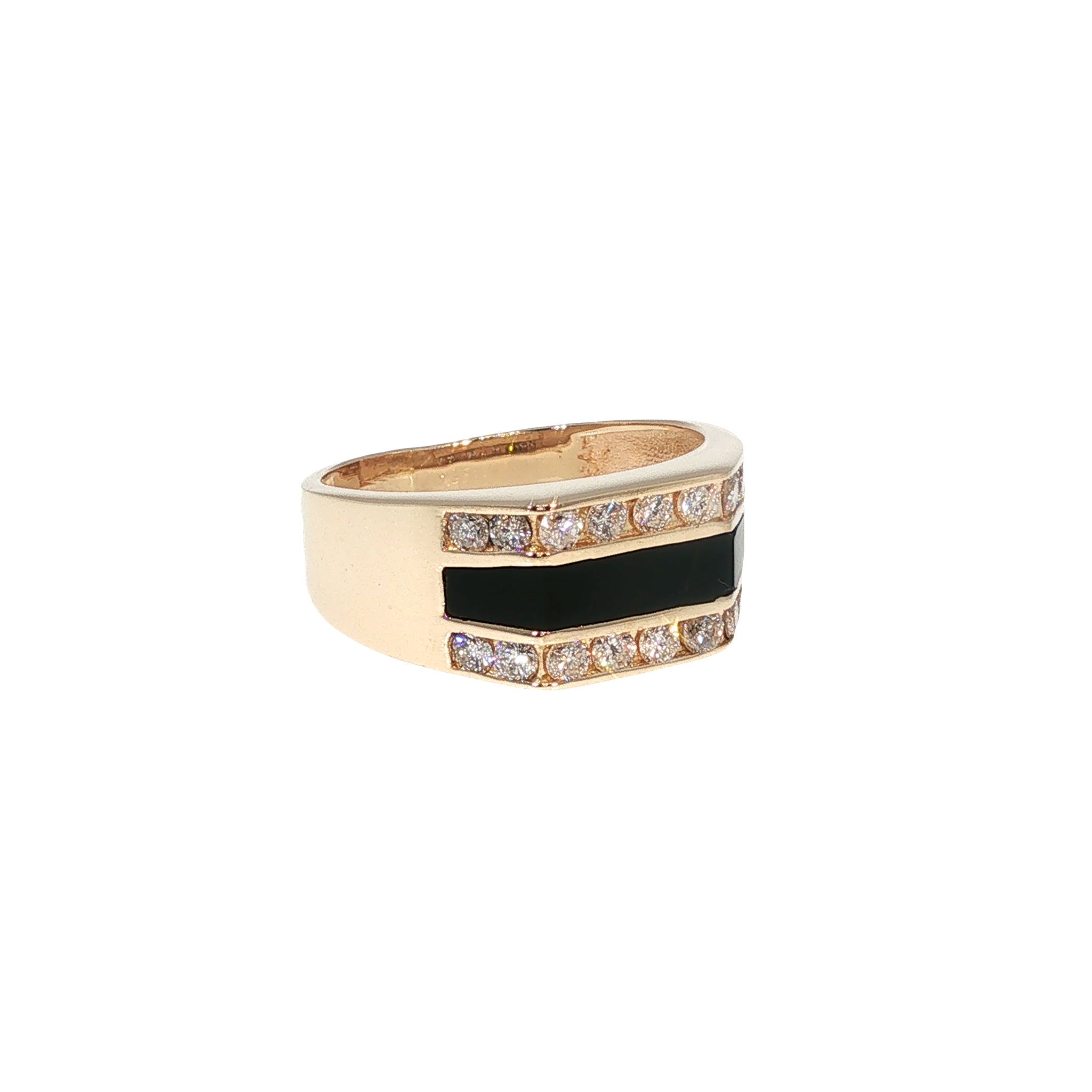 14K yellow gold band with bold black onyx inlay and round brilliant diamond accents.