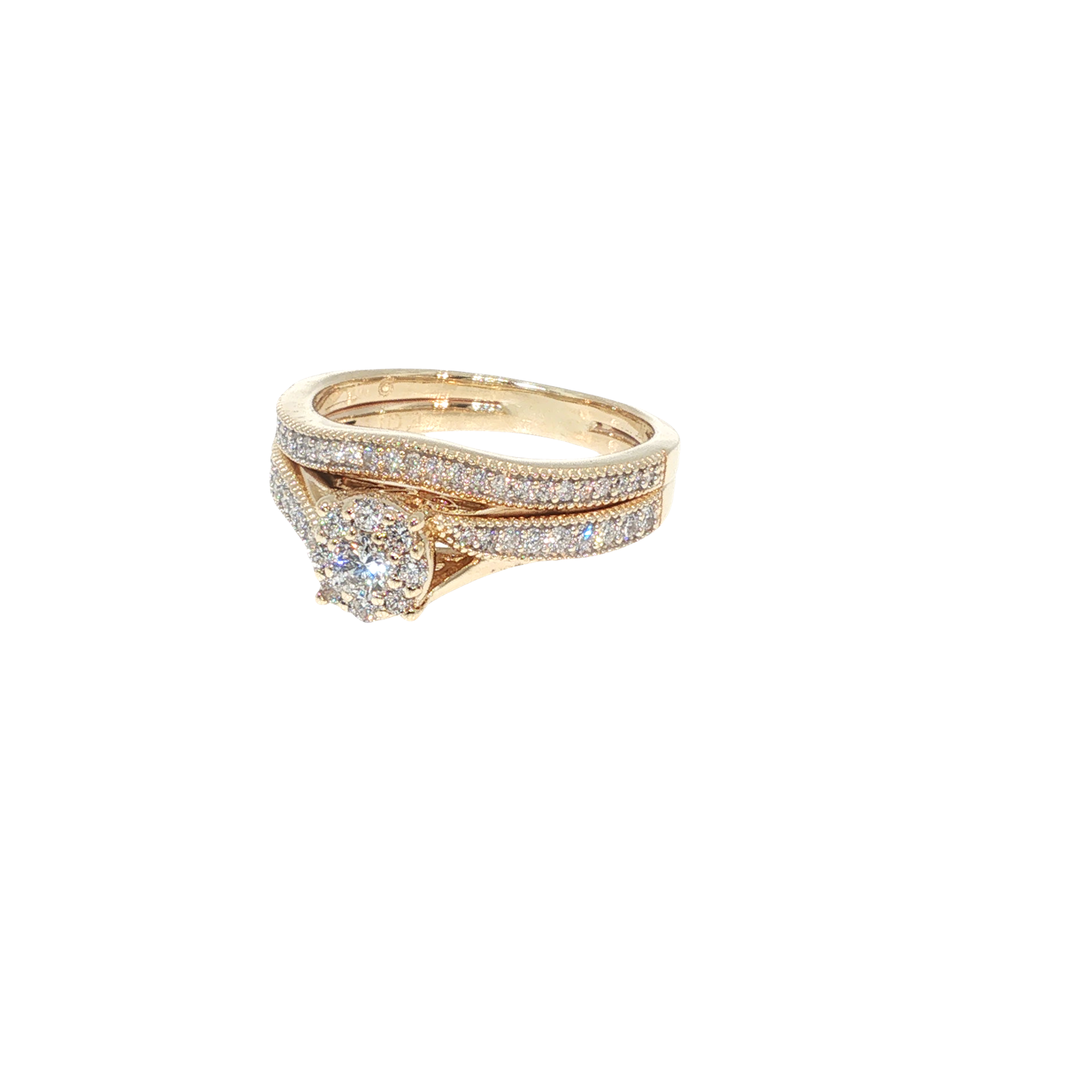 10K yellow gold wedding set with round diamond accents and intricate vintage-inspired milgrain detailing.