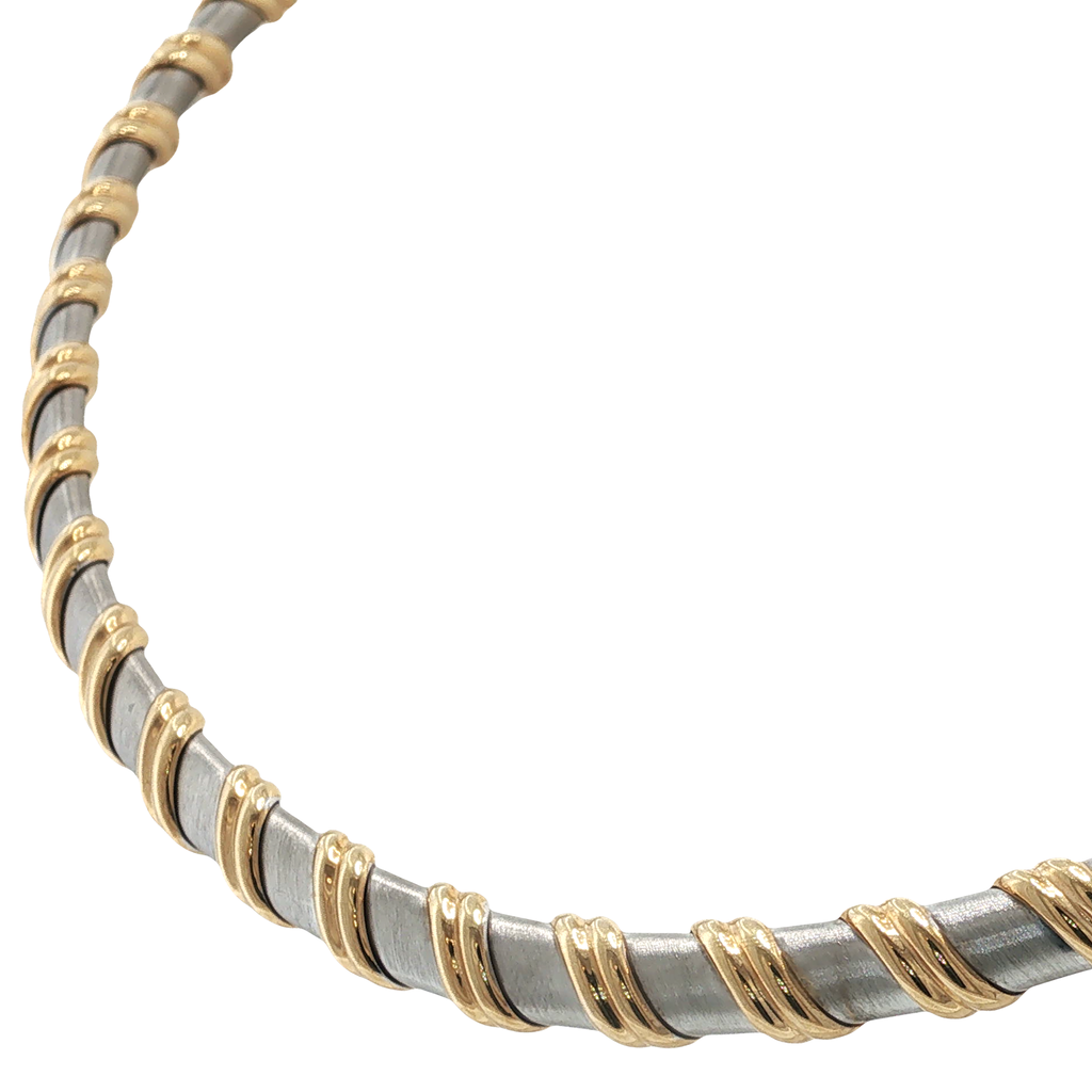 14K white and yellow gold tubular collar necklace with a sleek polished two-tone design.