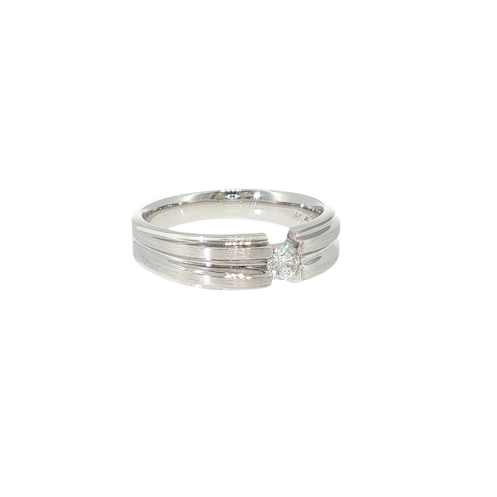 14K white gold men's ring with a bezel-set round brilliant diamond and bold grooved detailing.