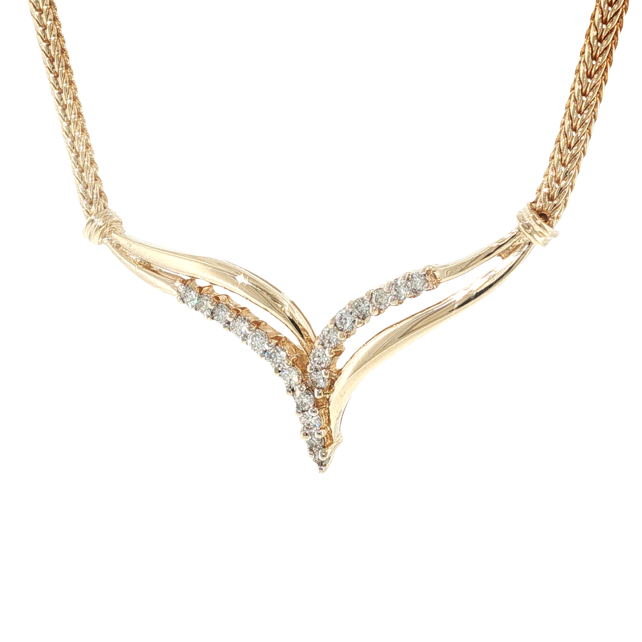 14K yellow gold V-shaped necklace with round brilliant diamond accents on a foxtail chain.