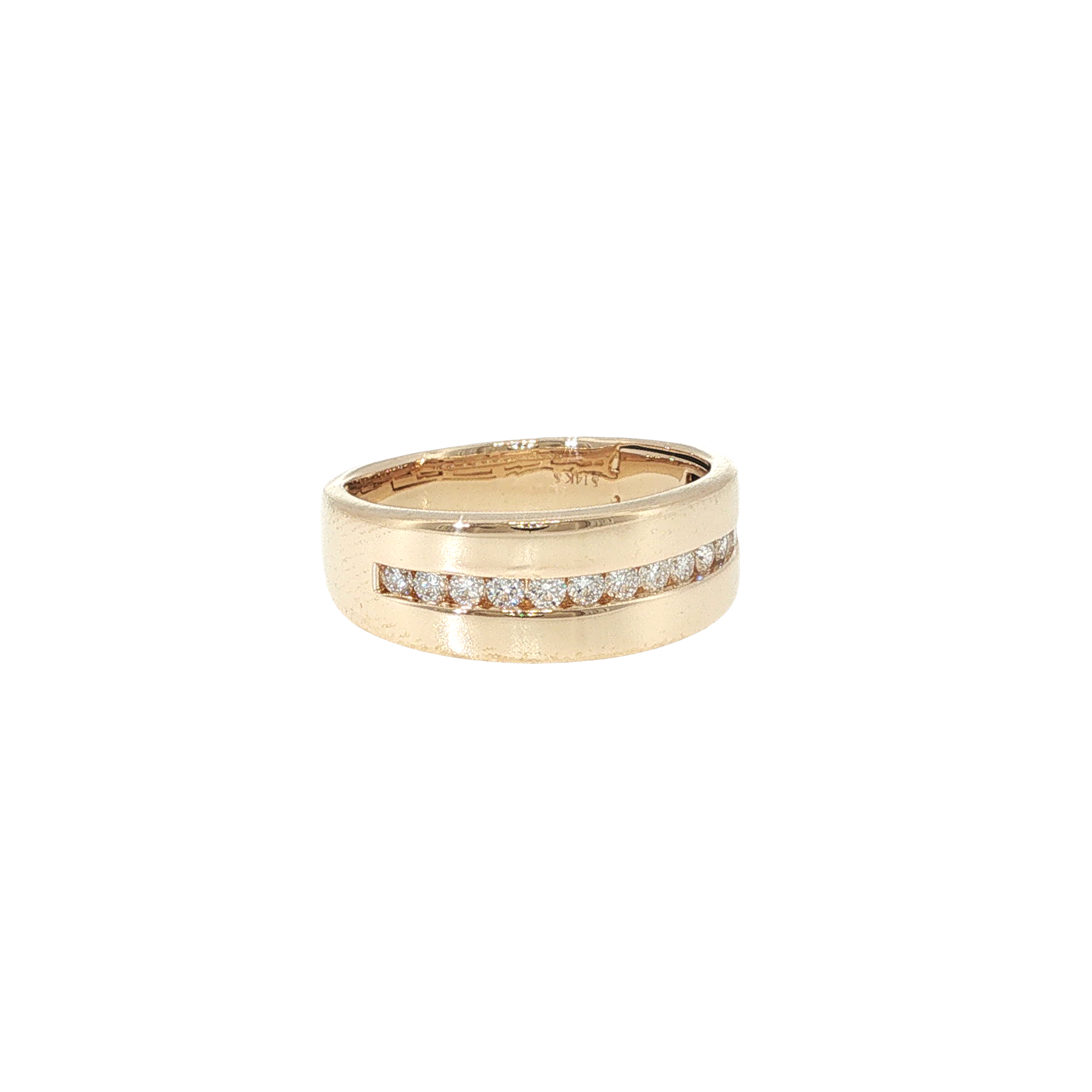 14K yellow gold band with a channel-set row of round brilliant lab-grown diamonds.