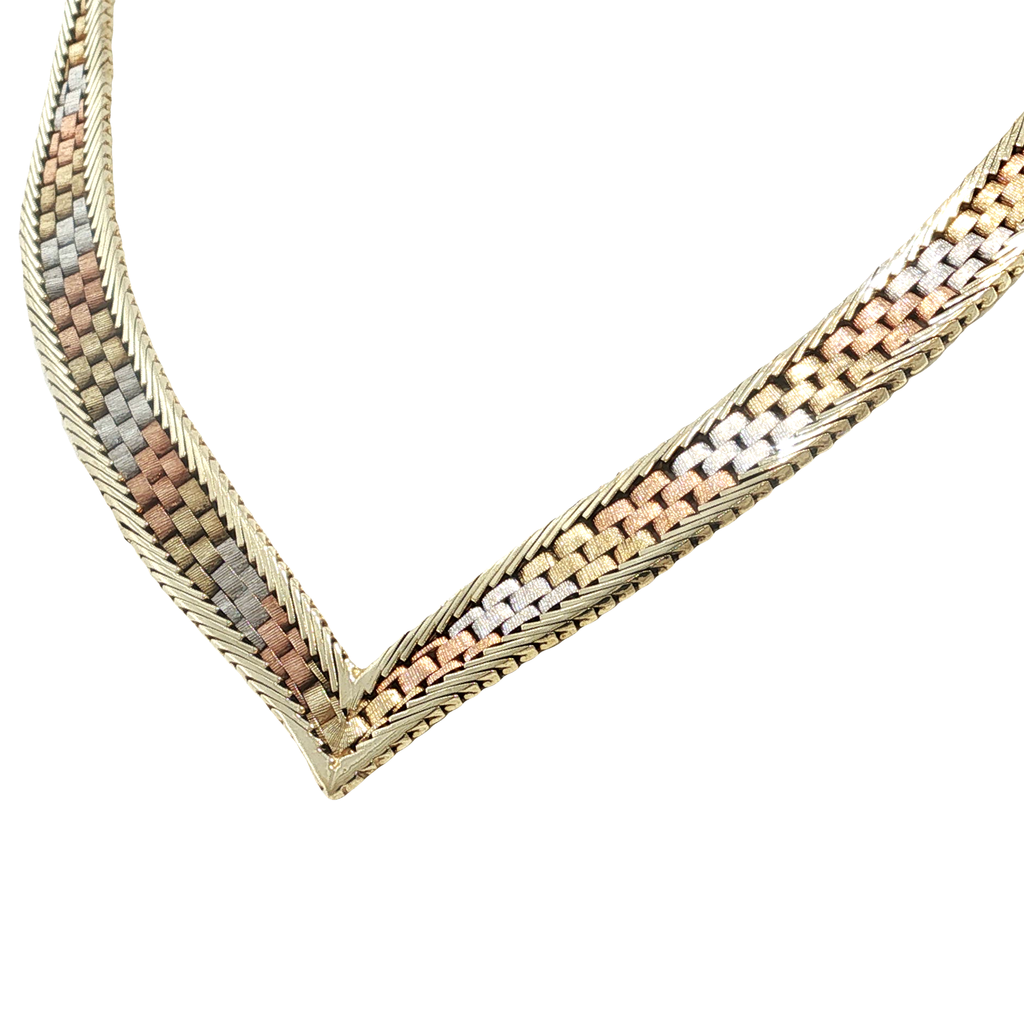 14K yellow, white and rose gold graduated necklace with an intricate woven design.