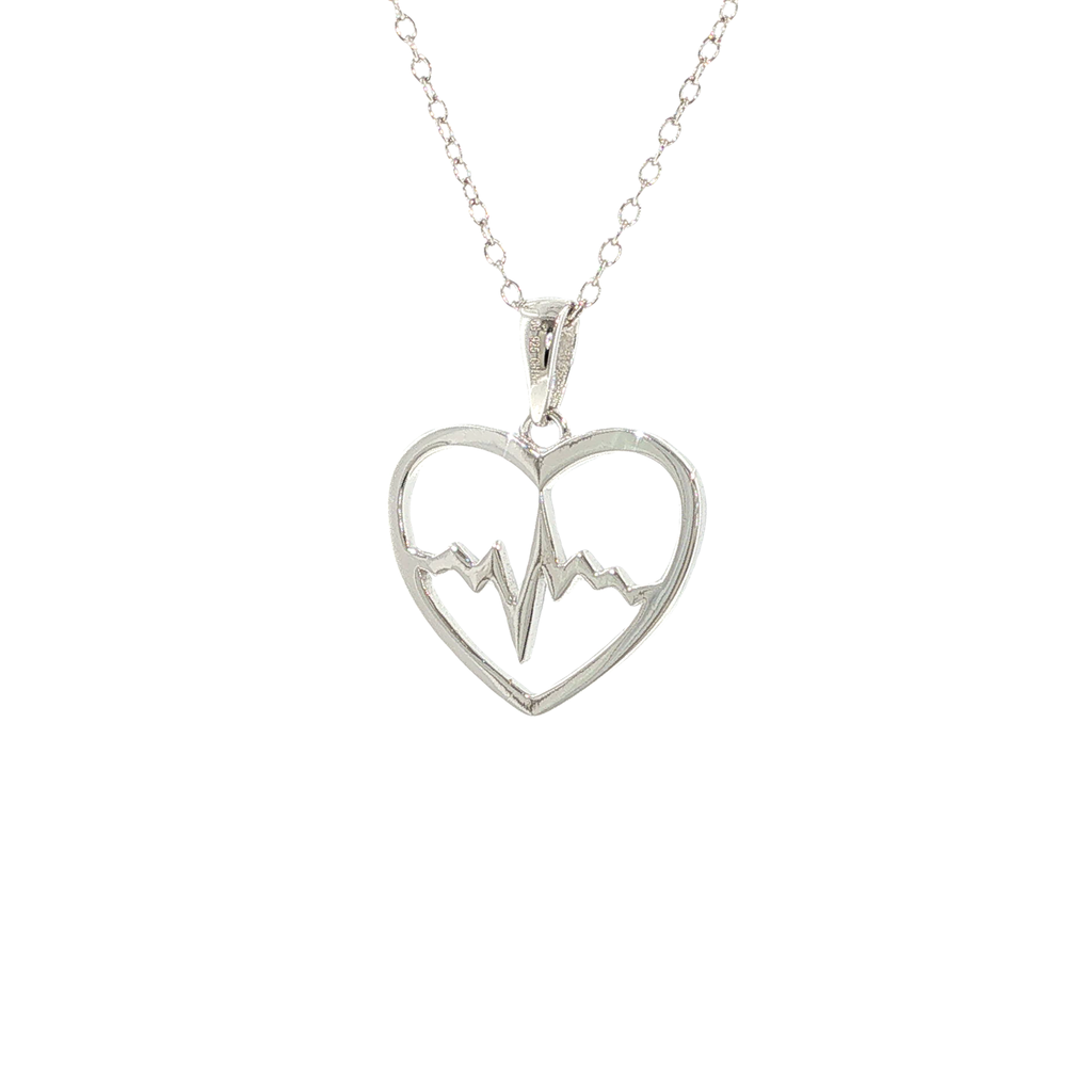 Rhodium-plated sterling silver necklace with a heartbeat design enclosed inside an open heart pendant.